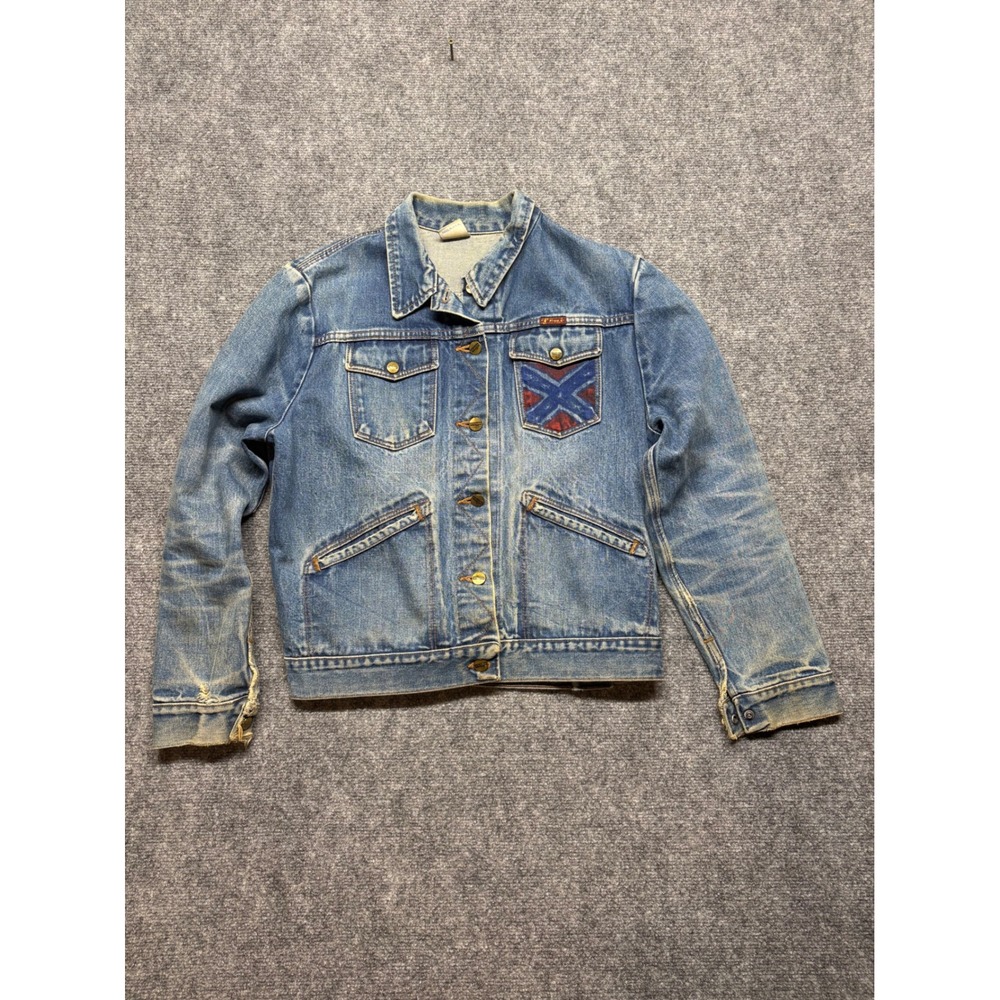 VTG Wrangler Denim Jacket Custom Harley Davidson Painted Made in USA Large Blue